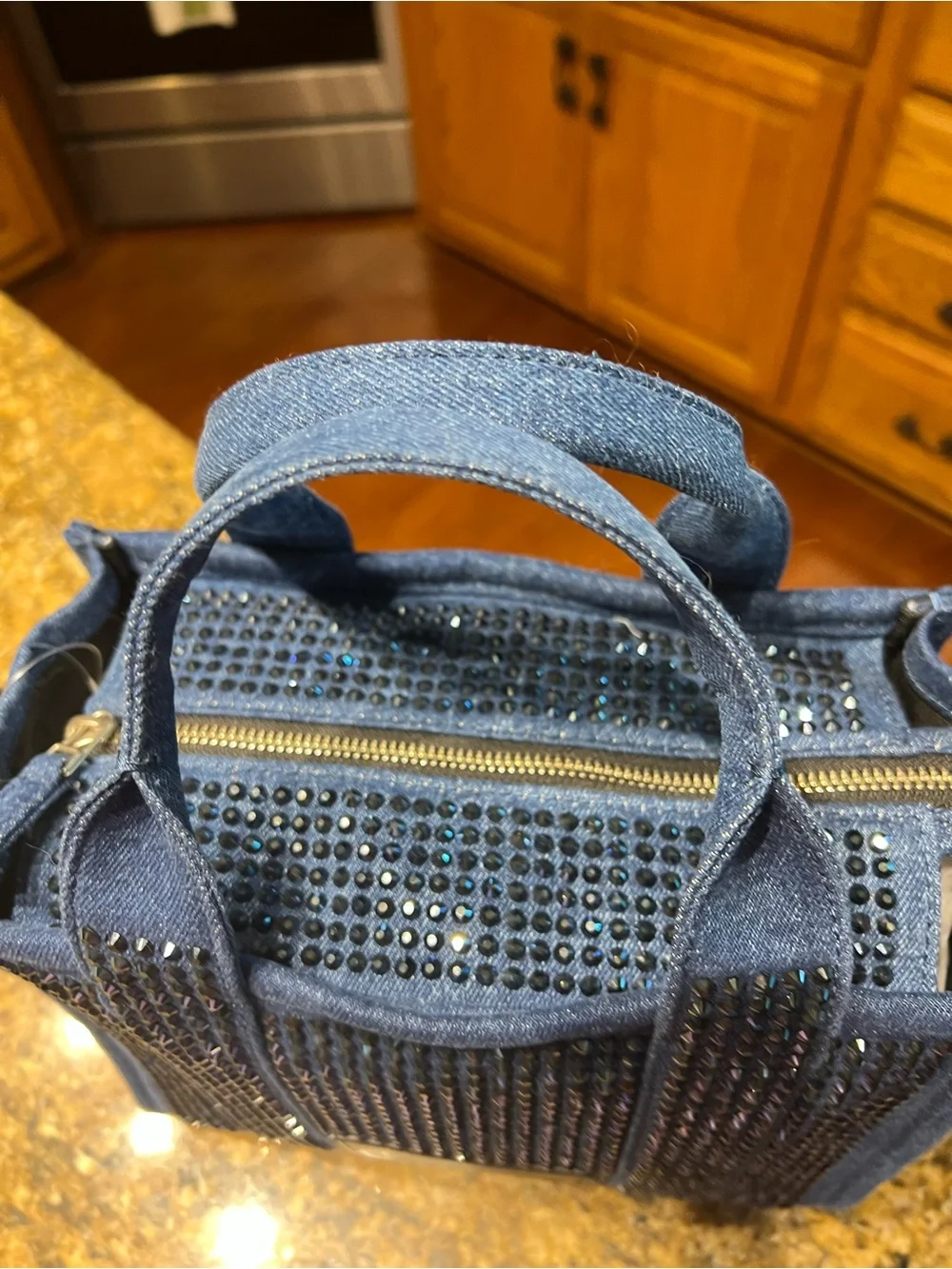 Marc Jacobs Denim Mini Tote with Black Crystal Studs - Blue